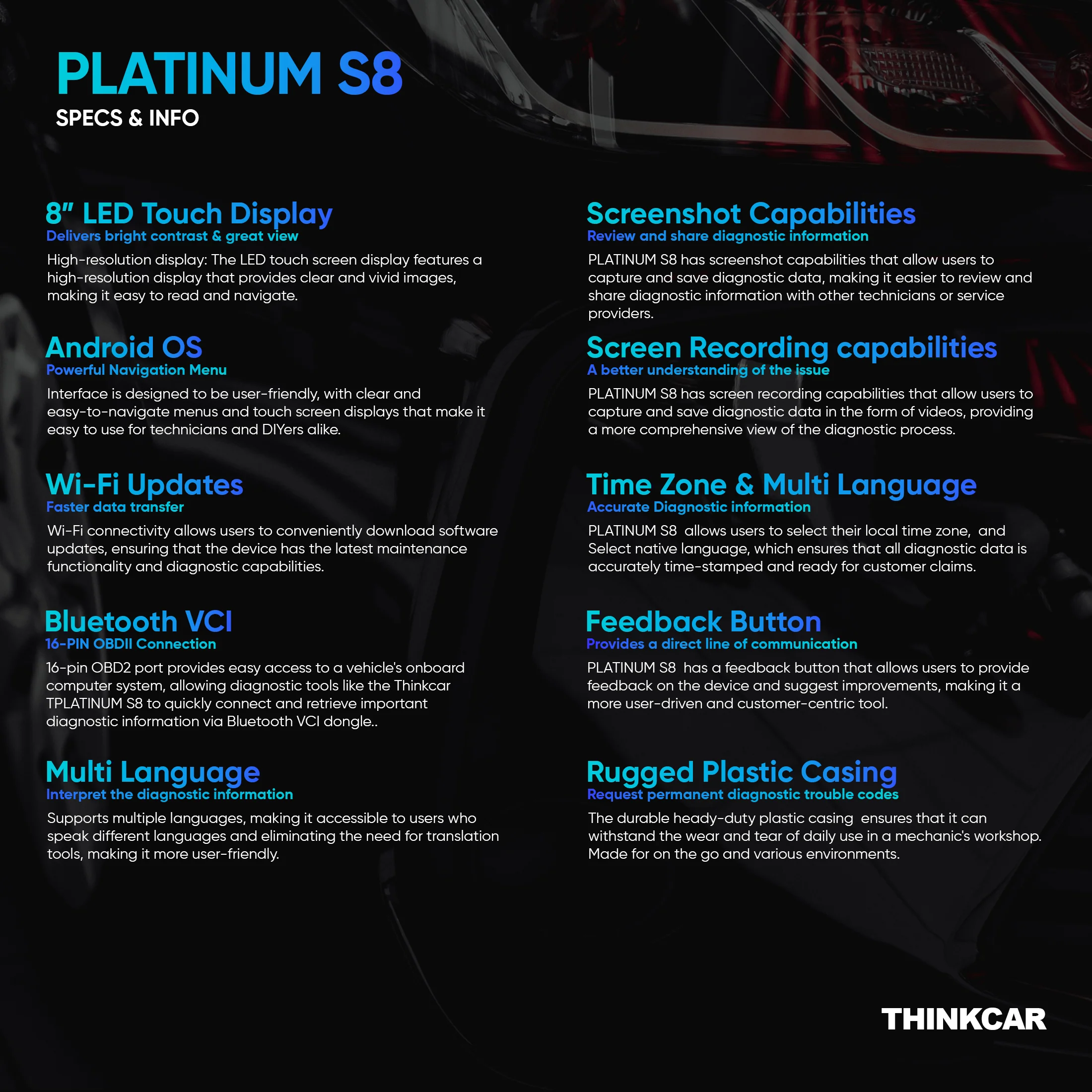Thinkcar Platinum S8 8-Inch Professional Diagnostic Scanner - Full System OBD2 Tool with Bi-Directional Control & 28 Maintenance Resets - Image 12